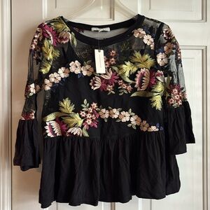 NWT floral embroidered black top from Anthropologie. Eri and Ali brand. Size S